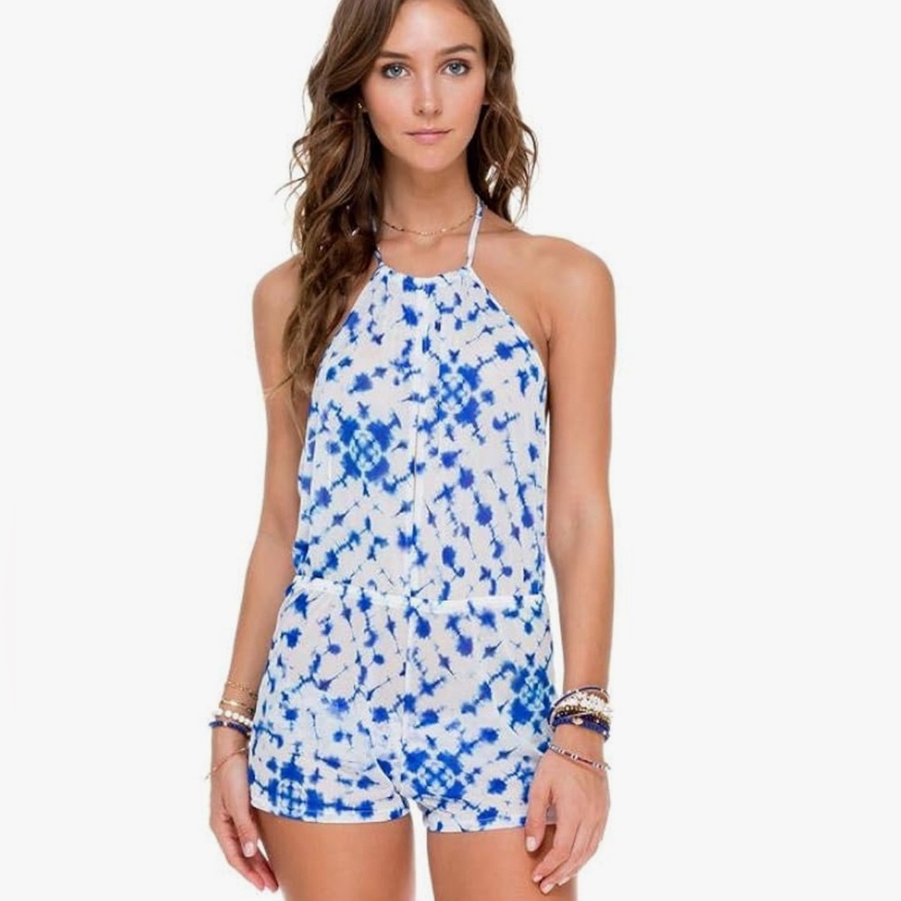 Luli Fama Blue and White Tie-Dye Halter Romper Cover Up